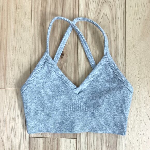 Alo Yoga Seamless Ribbed V-Neck Low Back Sports Bra Athletic Heather Grey XS - Picture 5 of 7